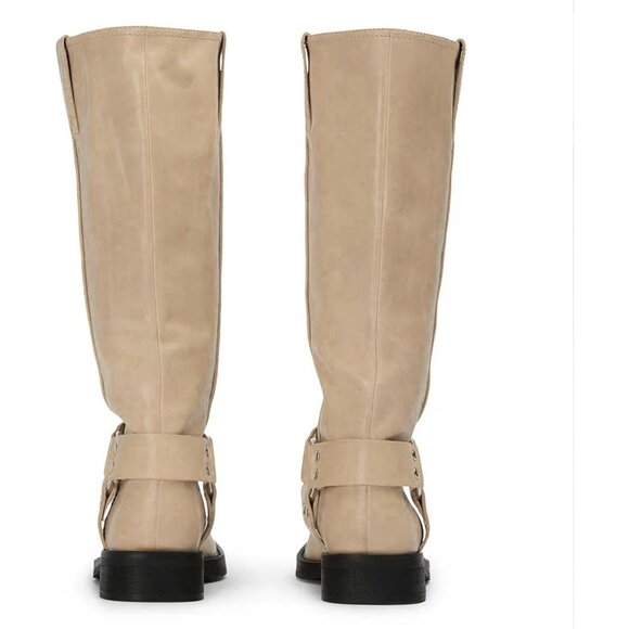 Women's Polyurethane Beige Squared Toe Knee High Tall Riding Motorcycle Boots - Picture 5 of 7